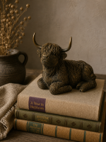 schotse hooglander beeld, hooglander decoratie, koe beeld landelijk, stoer en sober interieur, aura peeperkorn stijl, hoffz stijl, landelijke woonaccessoires, koe beeld polystone, decoratie beeld koe, 